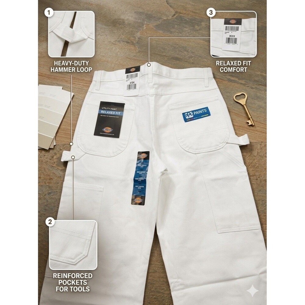 Dickies Men Relaxed Fit Utility Painter Pants White PPG Paints Patch 30X32 NWT